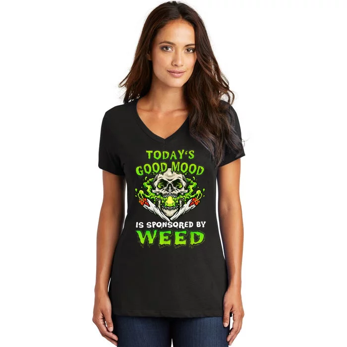 Funny Skeleton Smoking Weed Cannabis Marijuana Leaves Skull Women's V-Neck T-Shirt