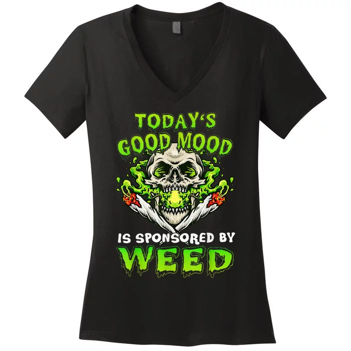 Funny Skeleton Smoking Weed Cannabis Marijuana Leaves Skull Women's V-Neck T-Shirt