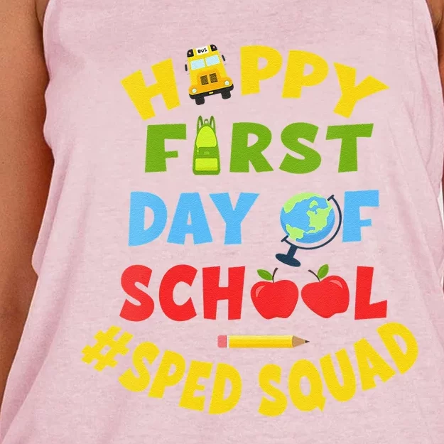 Funny SPED Squad School Staff Happy First Day Of School Special Ed Women's Knotted Racerback Tank