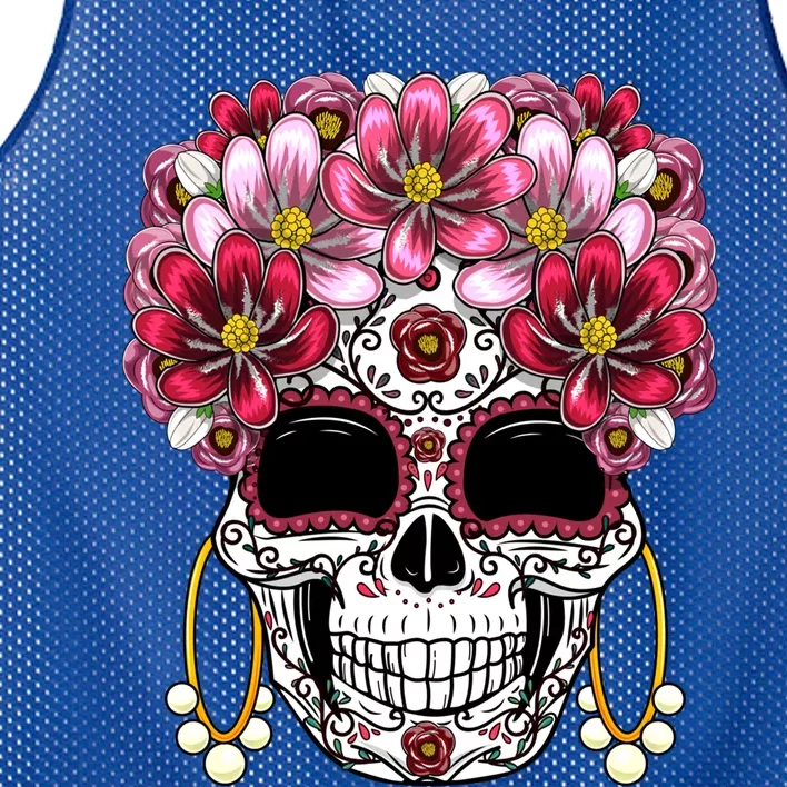 Floral Sugar Skull Day Of The Dead Dia De Muertos Gift Meaningful Gift Mesh Reversible Basketball Jersey Tank