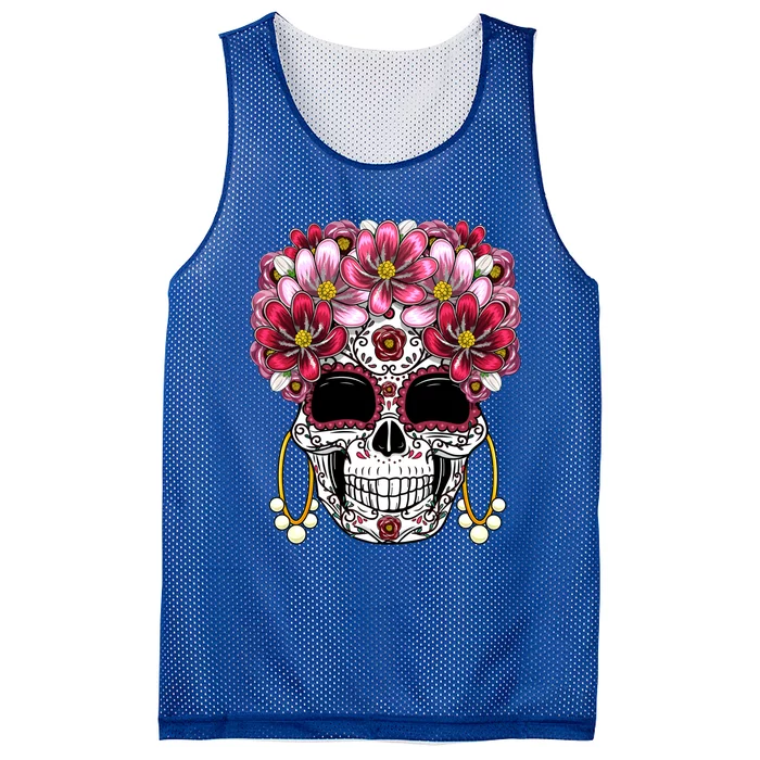 Floral Sugar Skull Day Of The Dead Dia De Muertos Gift Meaningful Gift Mesh Reversible Basketball Jersey Tank