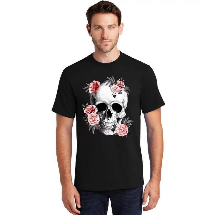 Floral Sugar Skull Rose Flowers Mycologist Gothic Goth Tall T-Shirt