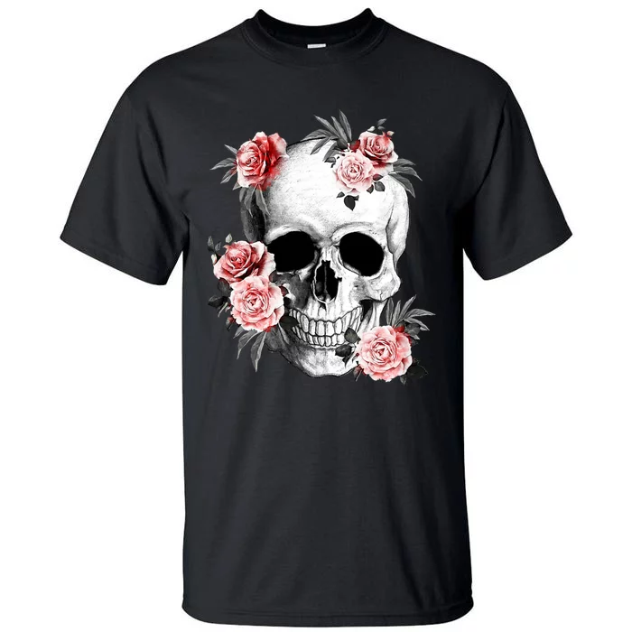 Floral Sugar Skull Rose Flowers Mycologist Gothic Goth Tall T-Shirt