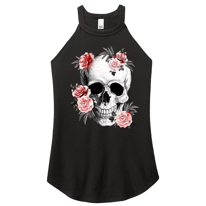 Floral Sugar Skull Rose Flowers Mycologist Gothic Goth Women’s Perfect Tri Rocker Tank