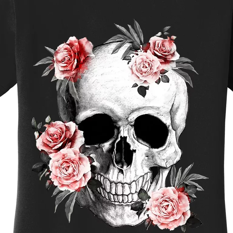 Floral Sugar Skull Rose Flowers Mycologist Gothic Goth Women's T-Shirt