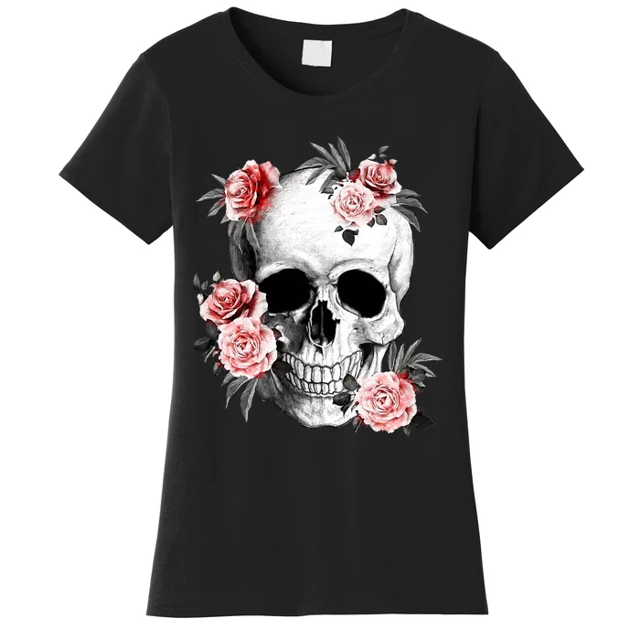 Floral Sugar Skull Rose Flowers Mycologist Gothic Goth Women's T-Shirt