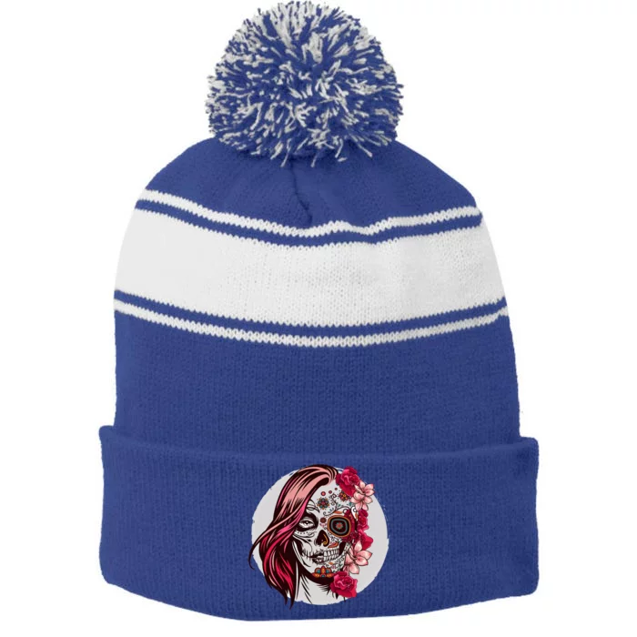 Floral Sugar Skull Day Of The Dead Gift Stripe Pom Pom Beanie