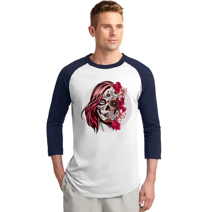 Floral Sugar Skull Day Of The Dead Gift Baseball Sleeve Shirt