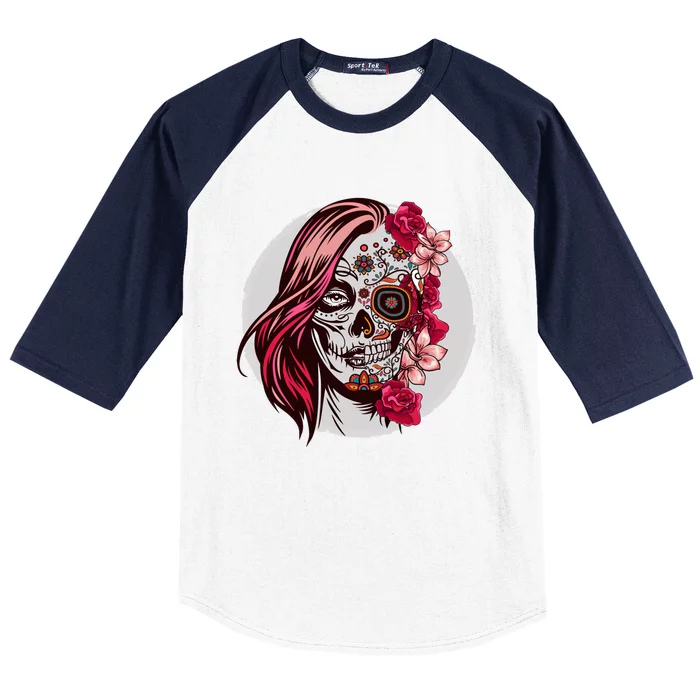 Floral Sugar Skull Day Of The Dead Gift Baseball Sleeve Shirt