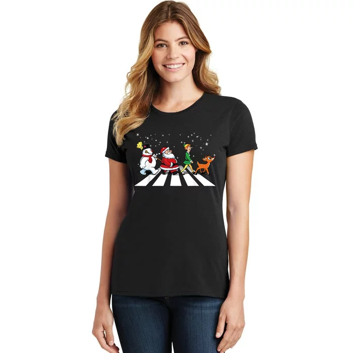 Funny Santa Snowman Elf Reindeer Christmas Abbeys Road Women's T-Shirt