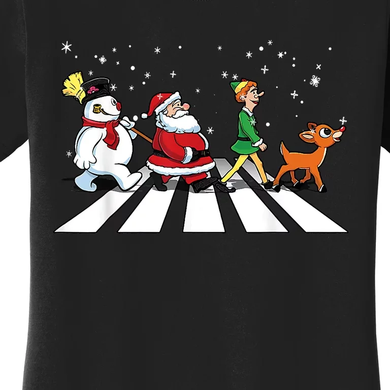 Funny Santa Snowman Elf Reindeer Christmas Abbeys Road Women's T-Shirt