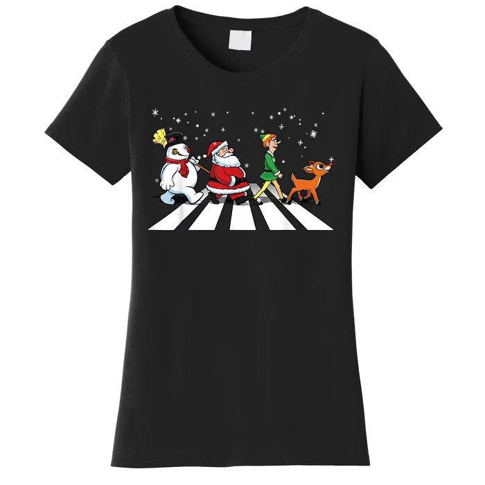 Funny Santa Snowman Elf Reindeer Christmas Abbeys Road Women's T-Shirt