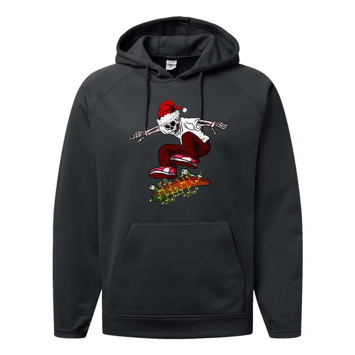 Funny Skeleton Skateboard Christmas Pajama Santa Skateboard Performance Fleece Hoodie