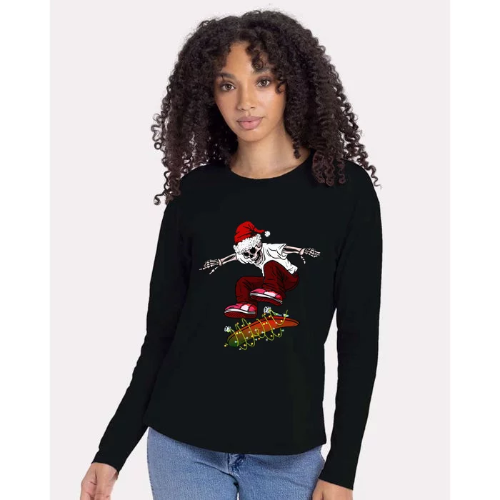 Funny Skeleton Skateboard Christmas Pajama Santa Skateboard Womens Cotton Relaxed Long Sleeve T-Shirt