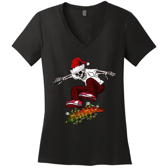 Funny Skeleton Skateboard Christmas Pajama Santa Skateboard Women's V-Neck T-Shirt