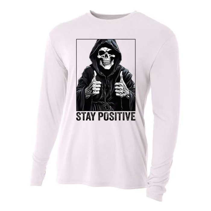 Funny Skull Stay Positive Skeleton Halloween Motivational Cooling Performance Long Sleeve Crew