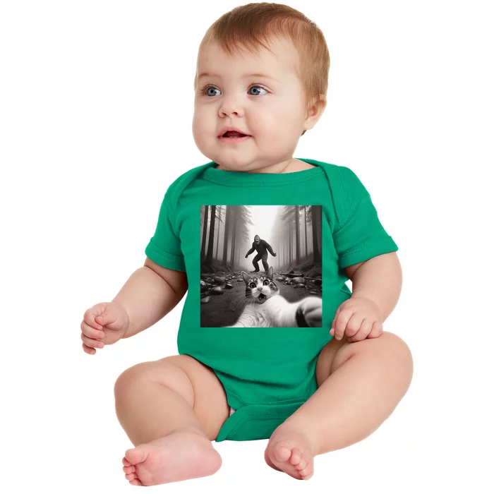 Funny Surprised Scared Cat Selfie With Sasquatsch Bigfoot Baby Bodysuit