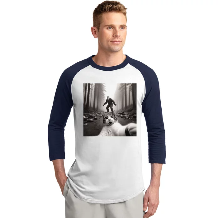 Funny Surprised Scared Cat Selfie With Sasquatsch Bigfoot Baseball Sleeve Shirt