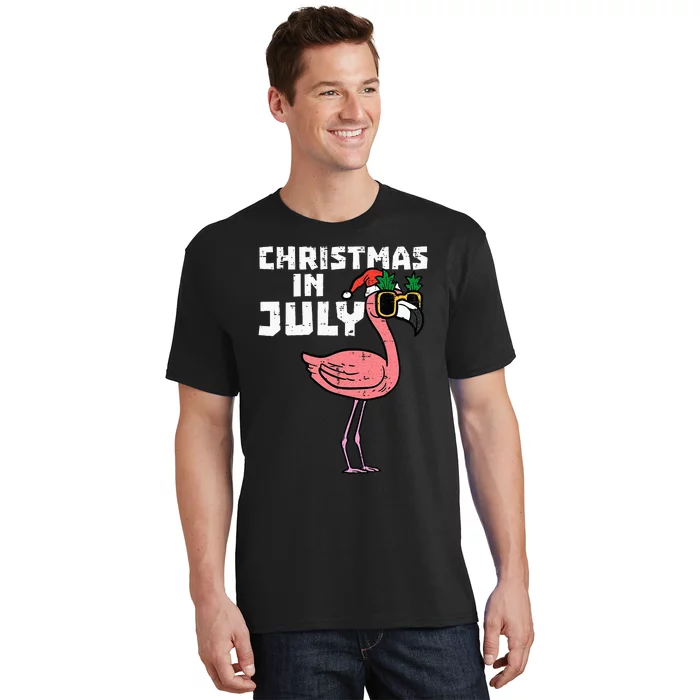 Flamingo Santa Sunglasses Christmas In July Cute Summer Xmas T-Shirt