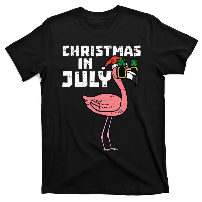 Flamingo Santa Sunglasses Christmas In July Cute Summer Xmas T-Shirt