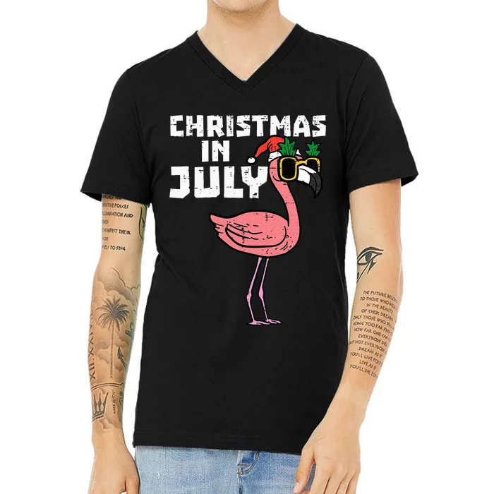 Flamingo Santa Sunglasses Christmas In July Cute Summer Xmas V-Neck T-Shirt