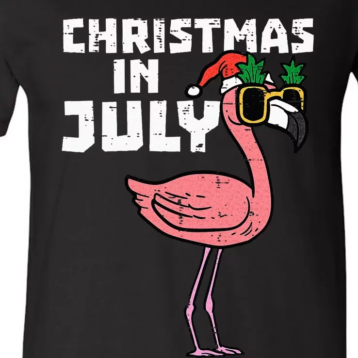 Flamingo Santa Sunglasses Christmas In July Cute Summer Xmas V-Neck T-Shirt