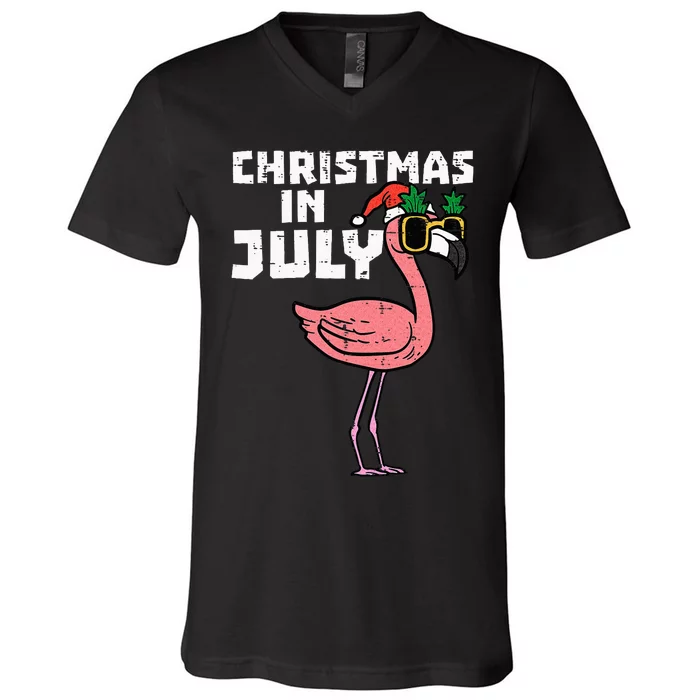 Flamingo Santa Sunglasses Christmas In July Cute Summer Xmas V-Neck T-Shirt