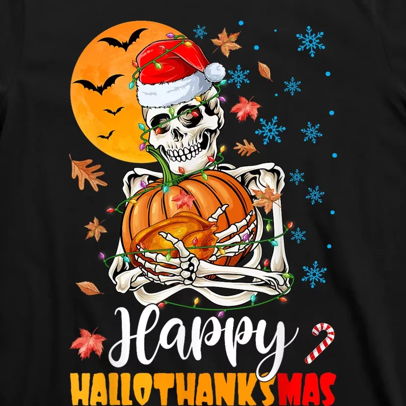 Funny Santa Skeleton Turkey & Pumpkin Happy HalloThanksMas T-Shirt