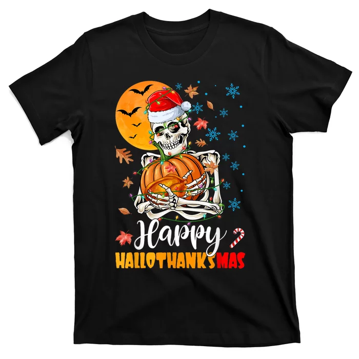 Funny Santa Skeleton Turkey & Pumpkin Happy HalloThanksMas T-Shirt