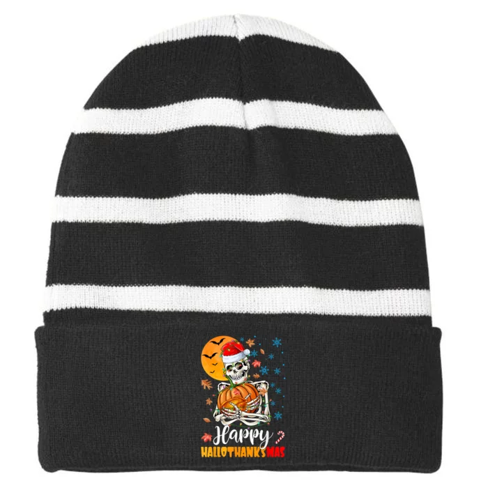 Funny Santa Skeleton Turkey & Pumpkin Happy HalloThanksMas Striped Beanie with Solid Band