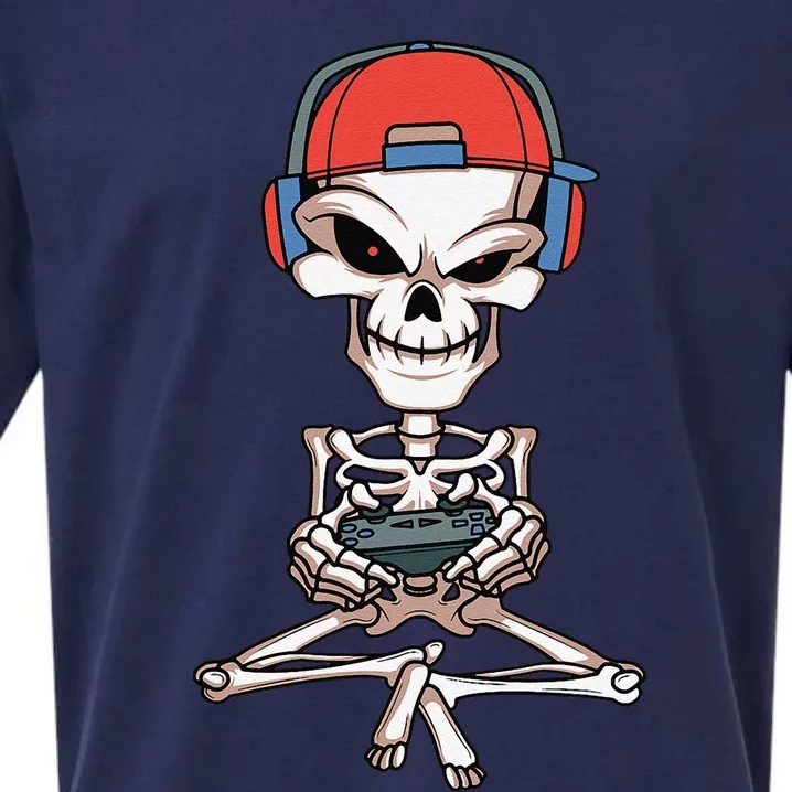 Funny Skeleton Skull Video Gamer Halloween Sueded Cloud Jersey T-Shirt