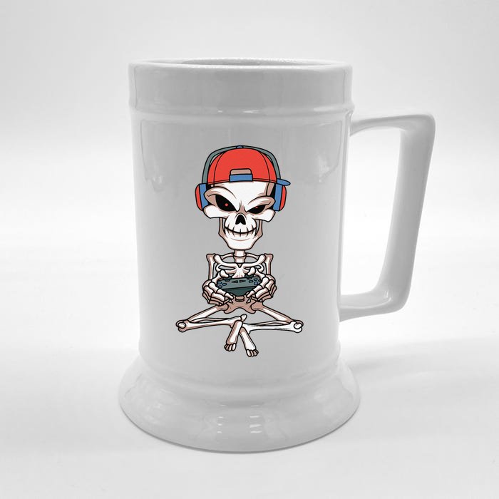 Funny Skeleton Skull Video Gamer Halloween Front & Back Beer Stein