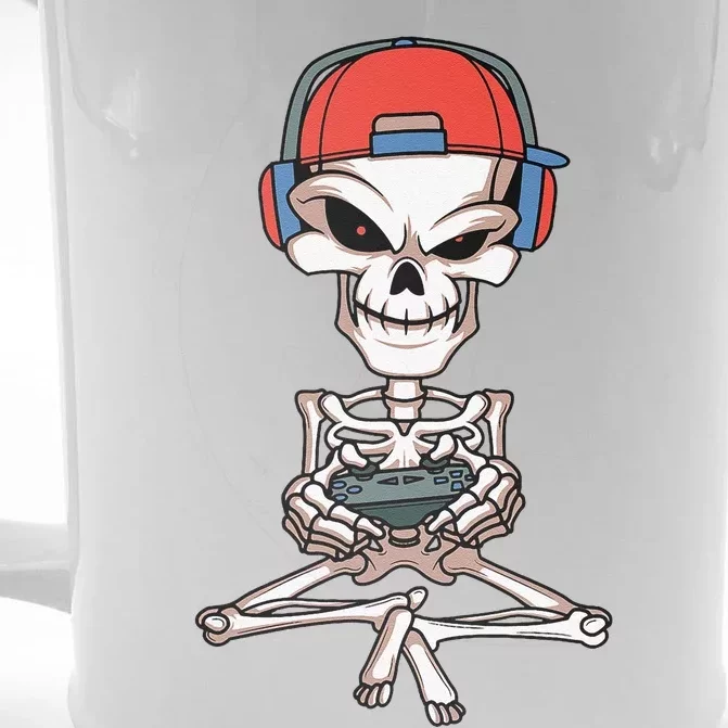 Funny Skeleton Skull Video Gamer Halloween Front & Back Beer Stein