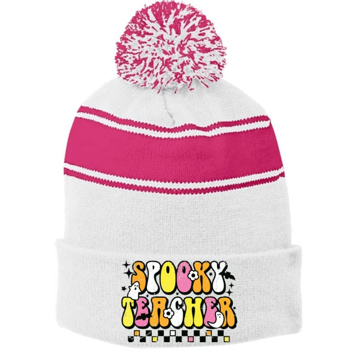 Funny Spooky Season Retro Spooky Teacher Halloween Costume Stripe Pom Pom Beanie