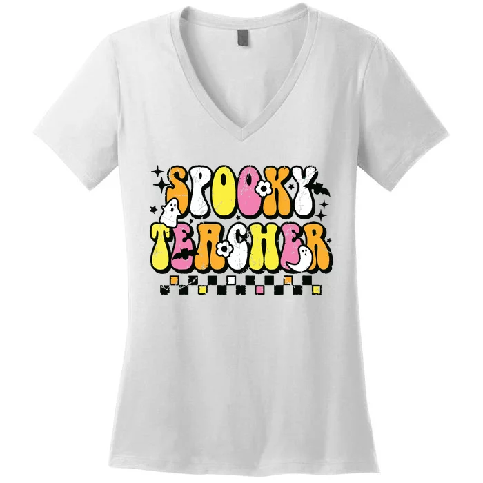 Funny Spooky Season Retro Spooky Teacher Halloween Costume Women's V-Neck T-Shirt