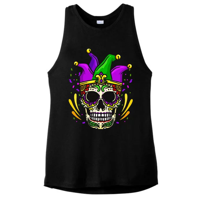 Funny Sugar Skull Mardi Gras Party Ladies Tri-Blend Wicking Tank