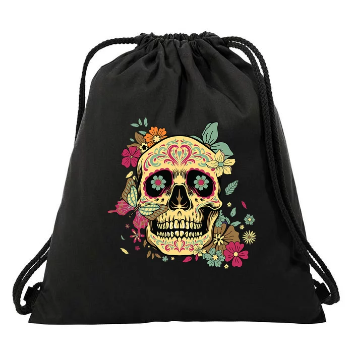 Floral Sugar Skull Dia De Los Muertos Dead Drawstring Bag