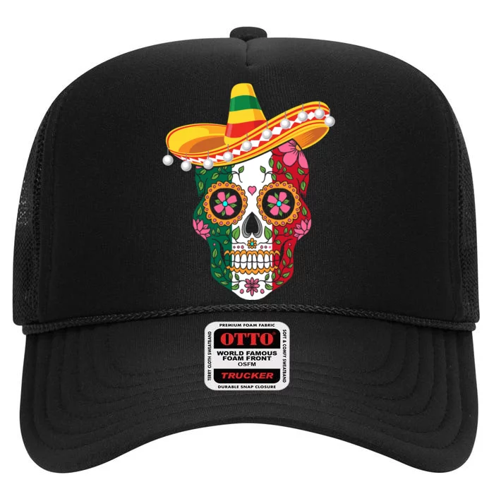 Flower Sugar Skull Funny Day Of The Dead Cinco De Mayo Gift For Men Women High Crown Mesh Trucker Hat