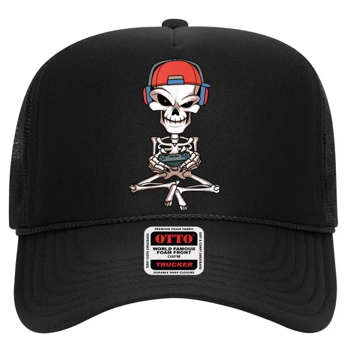 Funny Skeleton Skull Video Gamer Halloween Outfit High Crown Mesh Trucker Hat