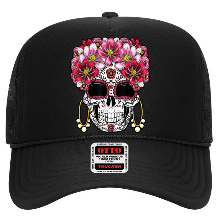 Floral Sugar Skeleton Cool Graphic Skull High Crown Mesh Trucker Hat