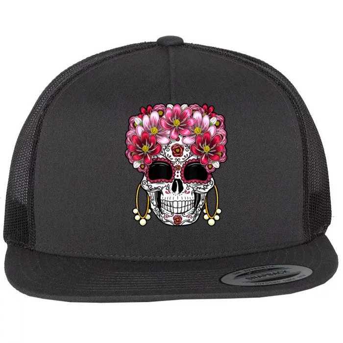 Floral Sugar Skeleton Cool Graphic Skull Flat Bill Trucker Hat