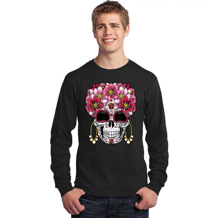 Floral Sugar Skeleton Cool Graphic Skull Tall Long Sleeve T-Shirt