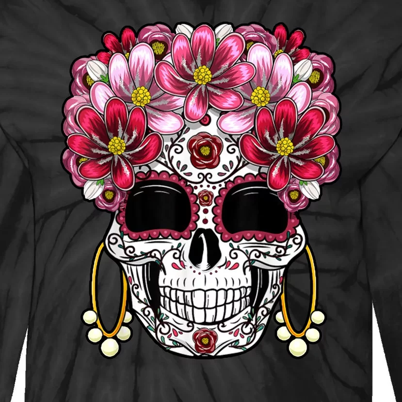 Floral Sugar Skeleton Cool Graphic Skull Tie-Dye Long Sleeve Shirt