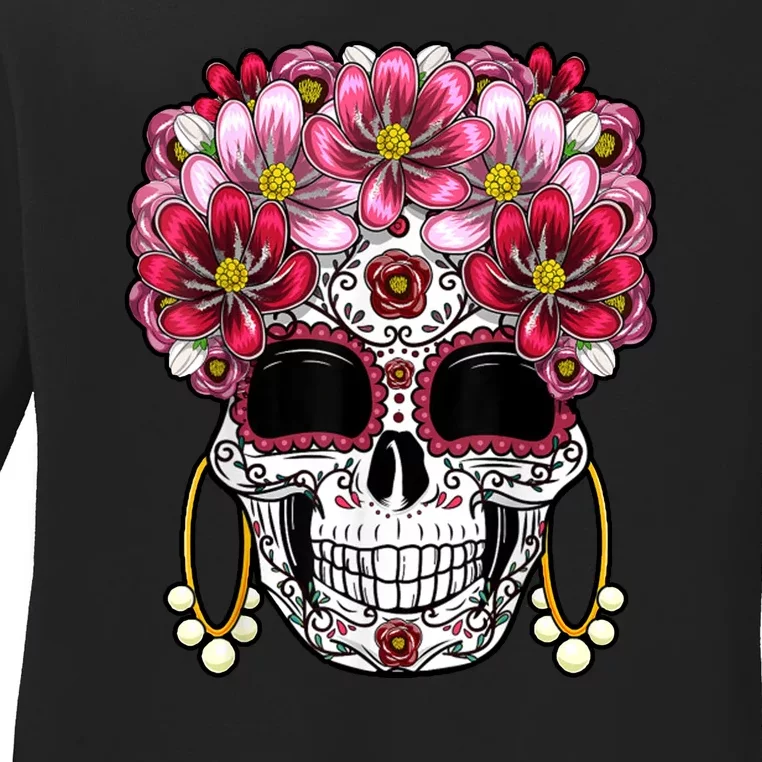 Floral Sugar Skeleton Cool Graphic Skull Ladies Long Sleeve Shirt