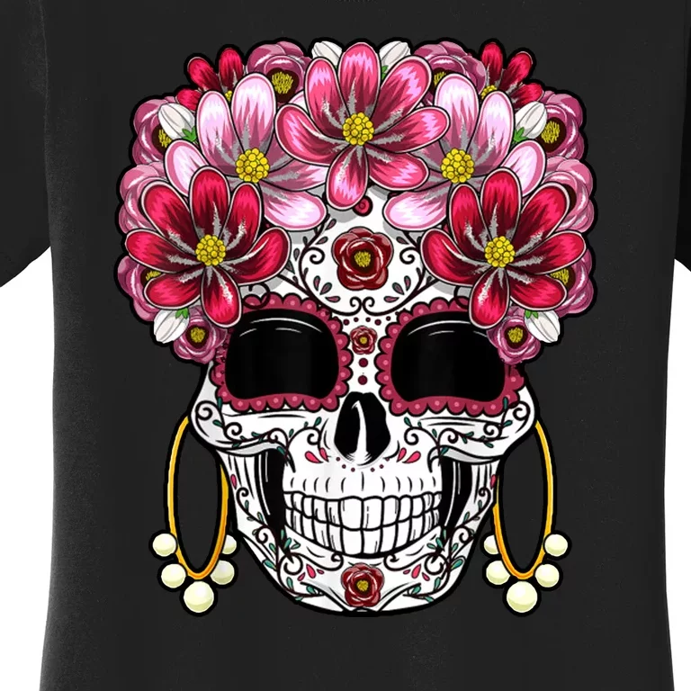 Floral Sugar Skeleton Cool Graphic Skull Women's T-Shirt