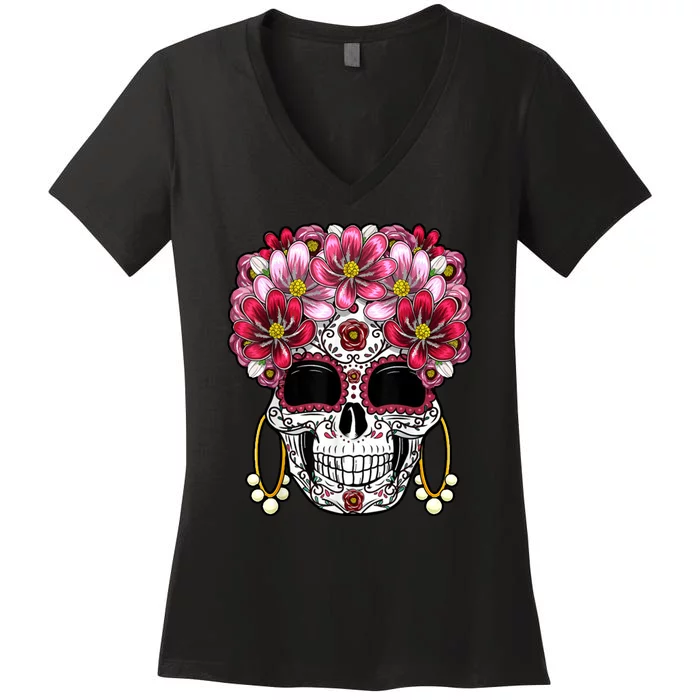 Floral Sugar Skeleton Cool Graphic Skull Women's V-Neck T-Shirt