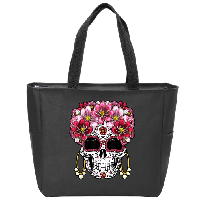 Floral Sugar Skeleton Cool Graphic Skull Zip Tote Bag