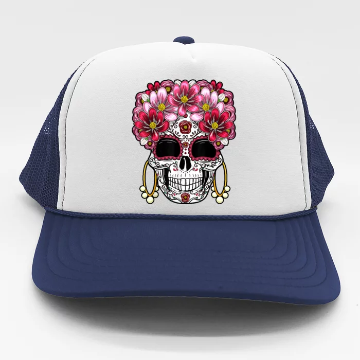 Floral Sugar Skeleton Cool Graphic Skull Trucker Hat