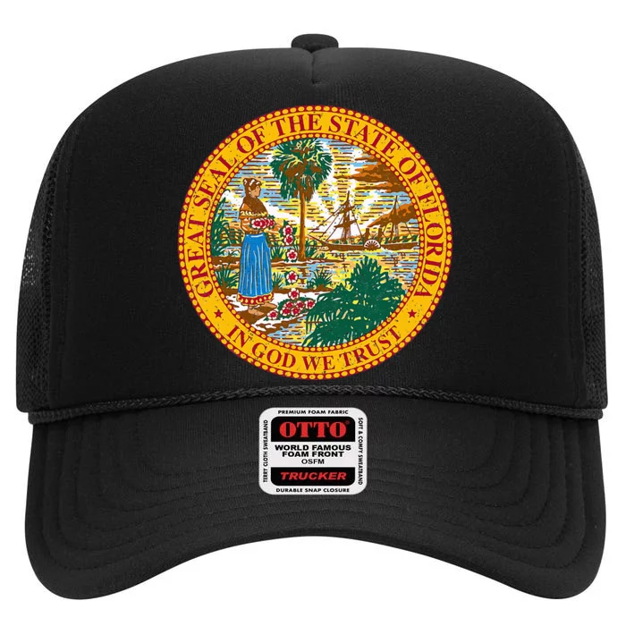 Florida State Seal Flag High Crown Mesh Trucker Hat