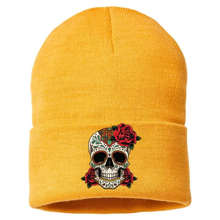 Floral Sugar Skull Day Of Dead Dia De Los Muertos Sustainable Knit Beanie